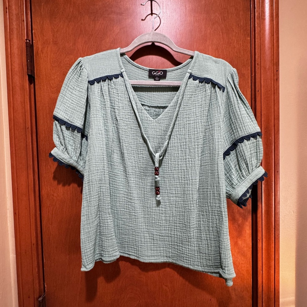 Gigio Women's Mint Green Blouse with Navy Trim